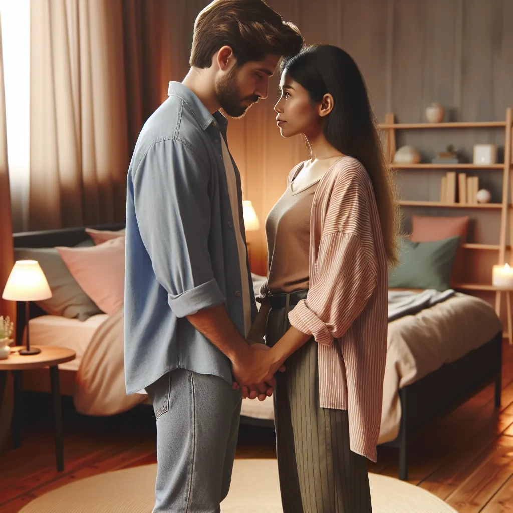 A passionate embrace between a couple in a bedroom, captured in a moment of intimate longing and tenderness.