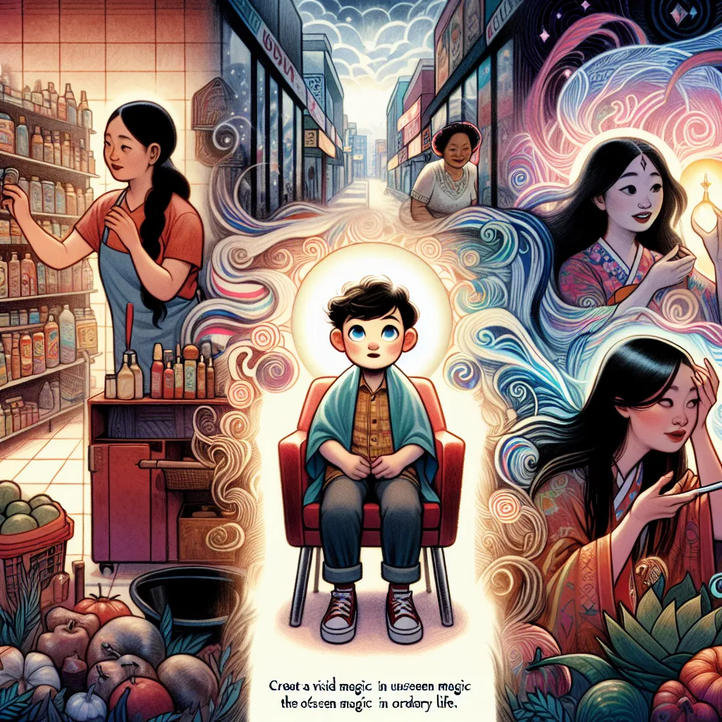 A detailed, imaginative story about a little boy named Henry embarking on an otherworldly adventure during a haircut with Korean stylists and, later, in a grocery store where his spirit crosses into the body of a Filipino woman. Despite experiencing a profound change and subsequent emptiness, Henry's memories fade, leaving only a lingering sense of mystery and a connection to the unseen magic surrounding everyday life. The narrative weaves together the lives of various characters, including Henr