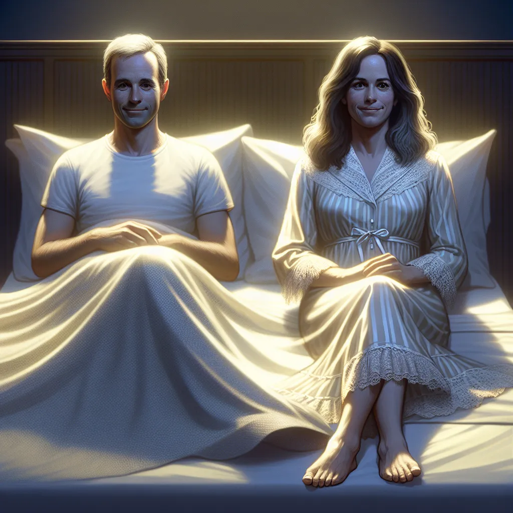 The image that will accompany this story is a depiction of Margaret, the transformed version of Wyatt, in her lace nightgown, sitting peacefully in bed next to her husband Richard. The scene exudes warmth, love, and contentment, capturing the serenity of their relationship and the tranquility of their home.