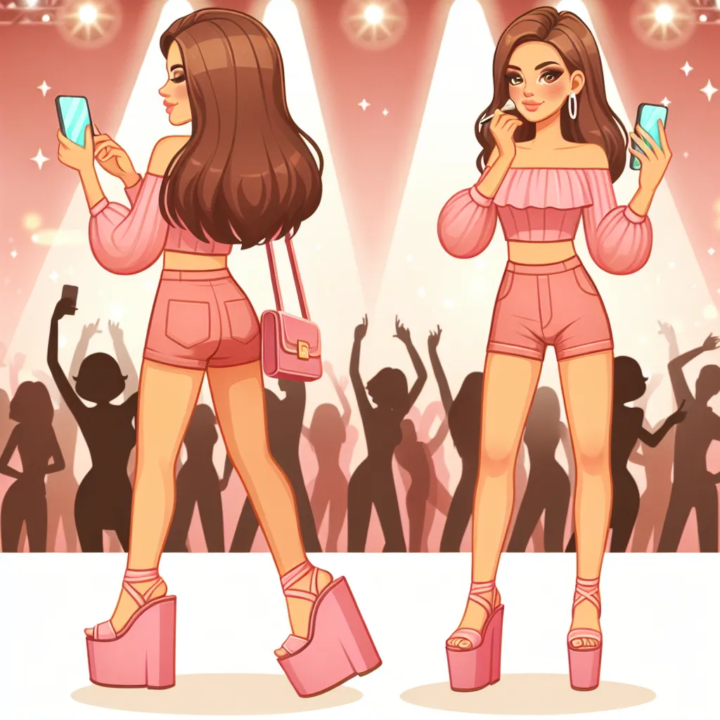 The image accompanying this story should depict a young woman dressed in a pink clubbing outfit, wearing high platform sandals. She should be applying makeup and holding a phone to film a TikTok video. The image should also include a background that resembles a nightclub setting with dim lighting and people dancing.