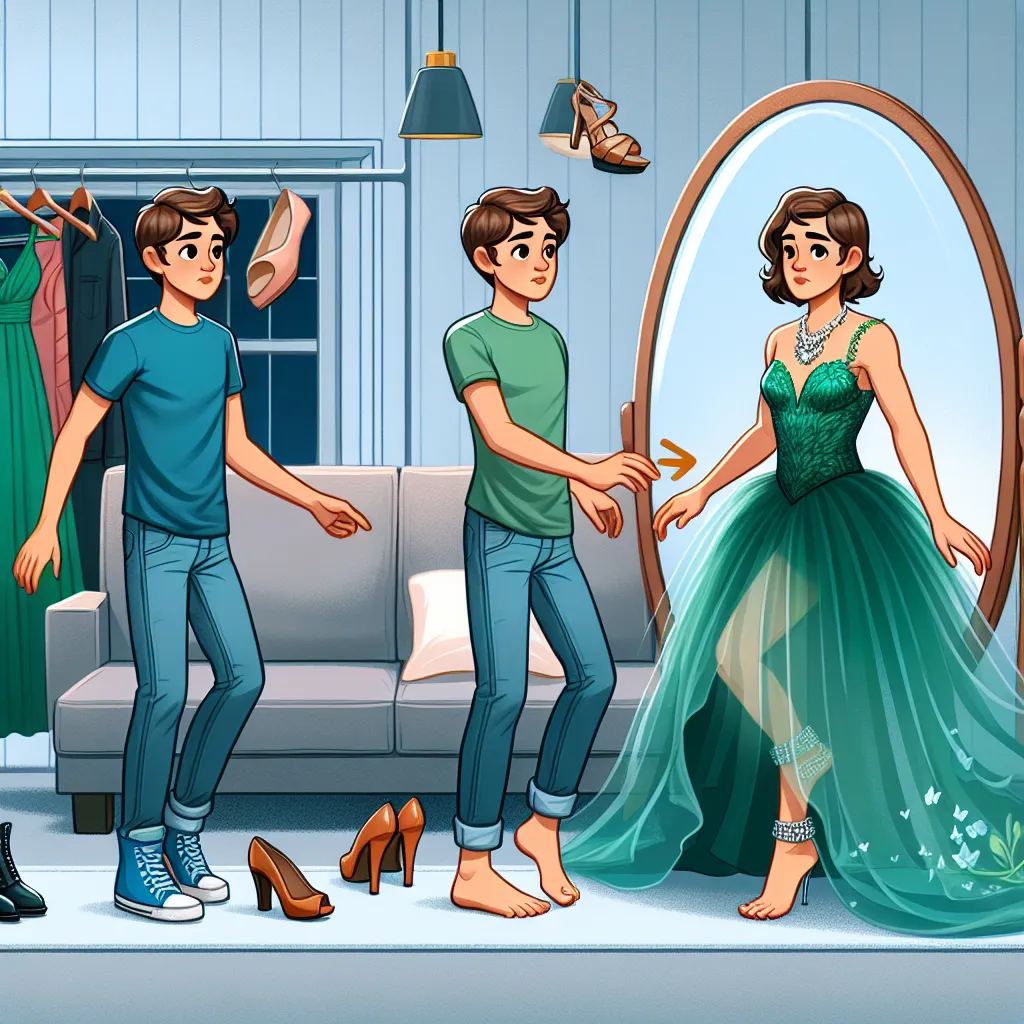 The image will depict a young boy named Ethan Carter transforming into an adult woman named Claire Hill. Ethan, wearing casual clothing, is in the process of transforming as his feet develop a more elegant and feminine appearance. Surrounding him are elements of Claire's life, like her emerald green evening gown, platform sandals, and luxurious jewelry. The scene is set in a modern, suburban home, capturing the moment of Ethan's transformation into Claire.