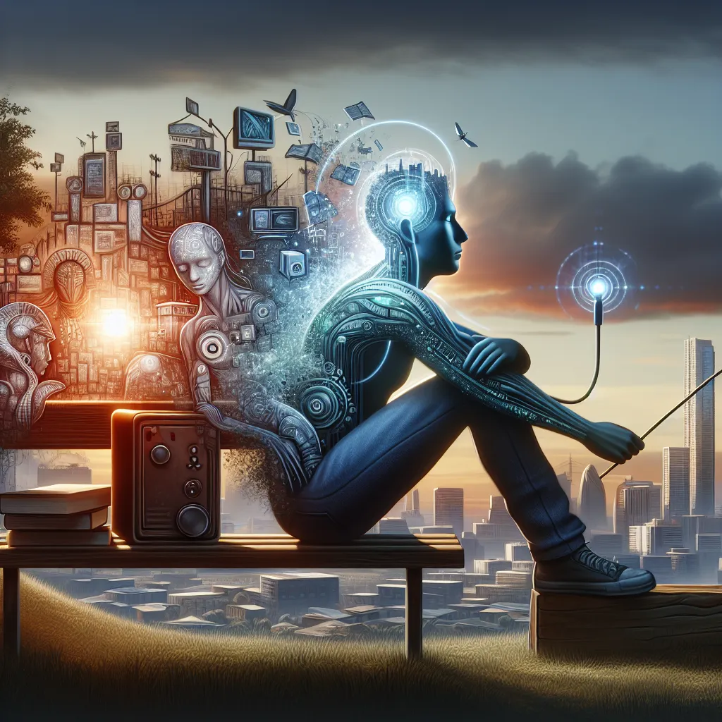 A person named Matt sits on a bench in a park, surrounded by the city skyline. They are reflecting on their transformation into a woman named Liz, after using a remote control to capture various qualities from different people. Matt/Liz contemplates their deepening romantic feelings for their friend, Linus, and the unforeseen personal changes that have occurred. The image should capture the emotional journey and transformation of the protagonist.
