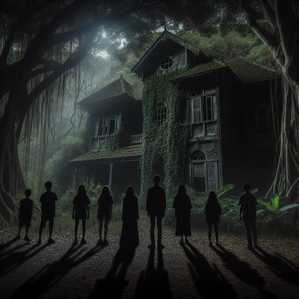 A chilling image of the ancient, ivy-covered house in the woods at night, surrounded by darkness. Shadows dance on the walls as the friends unknowingly approach their impending doom.