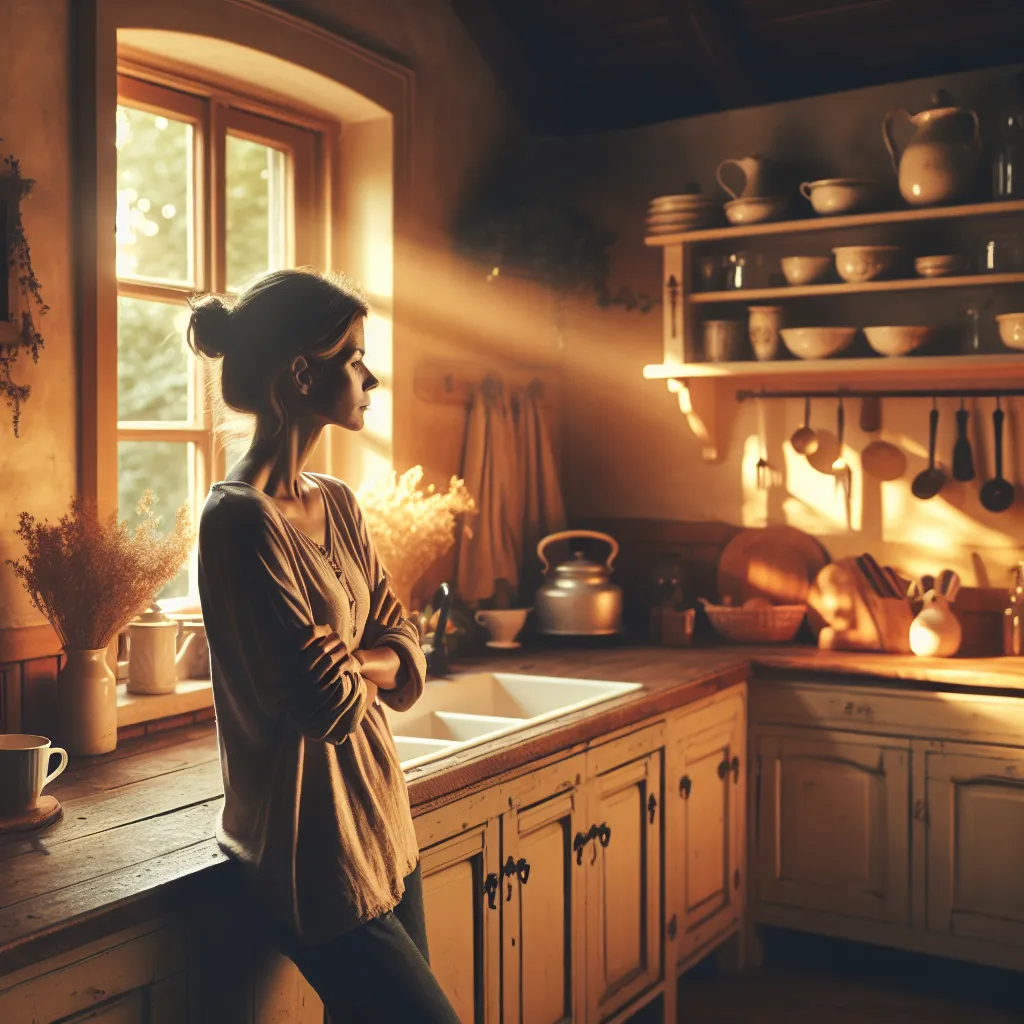 A woman stands in a kitchen, caught in a moment of quiet contemplation after a tender goodbye. The warm light filters through the window, illuminating the scene of intimacy and introspection.