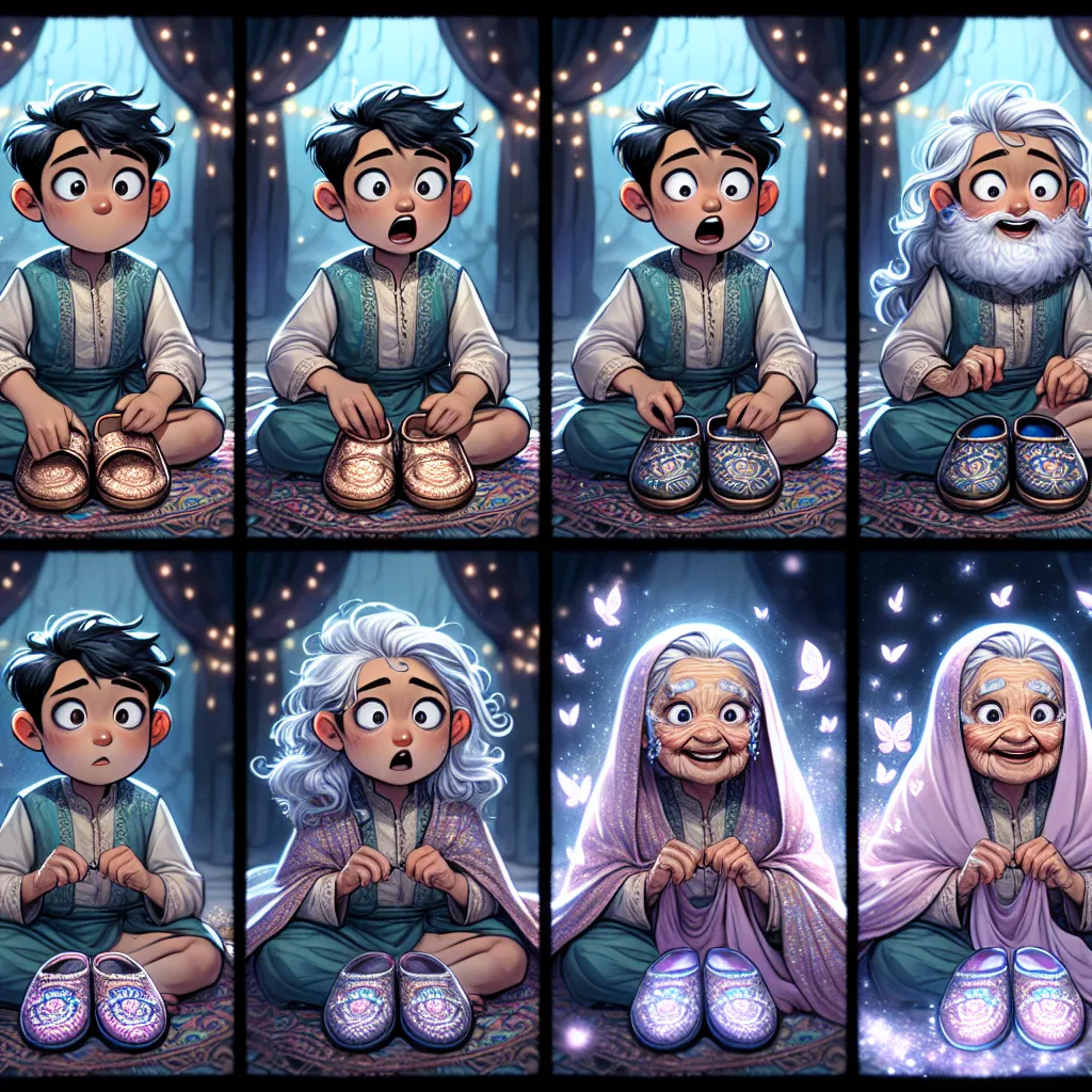 A young boy accidentally transforms into a gentle grandmother named Evelyn after putting on a pair of enchanted sandals, experiencing each step of the transformation with wide-eyed panic before accepting her new identity with serene grace.
