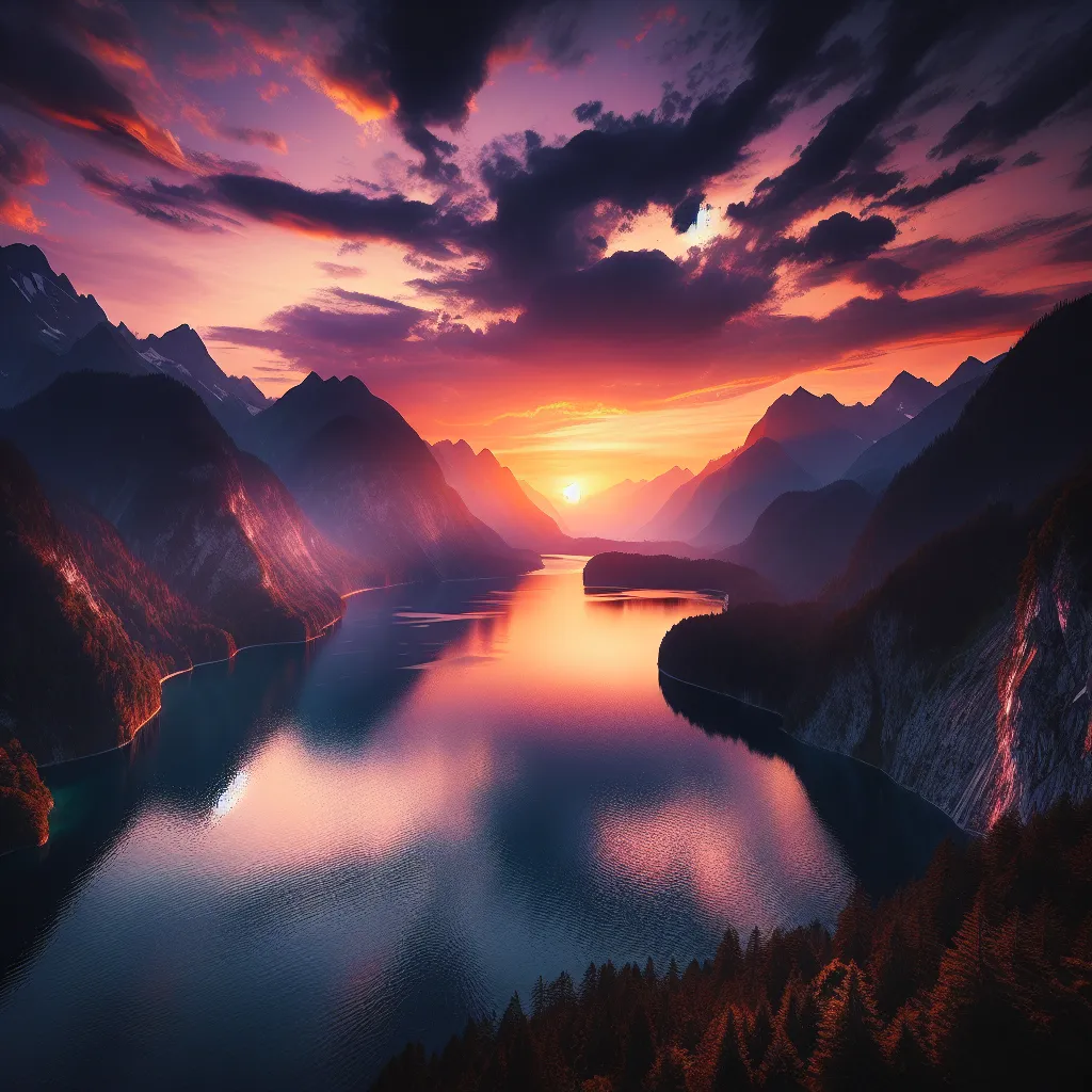 A captivating image of a serene sunset over a tranquil lake surrounded by towering mountains.