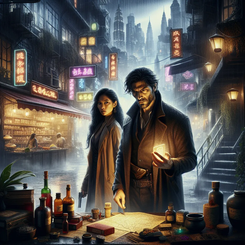 An intense scene in a mystery genre story where Laura and Gambit navigate a gritty cityscape and seek refuge in a herbalist's sanctum to heal and unravel their intertwined pasts.