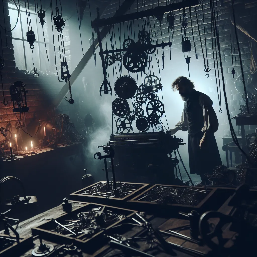 A dark and eerie scene in a secret workshop where William Afton, a creator of mechanical horrors, meets a tragic fate in his springlock suit.