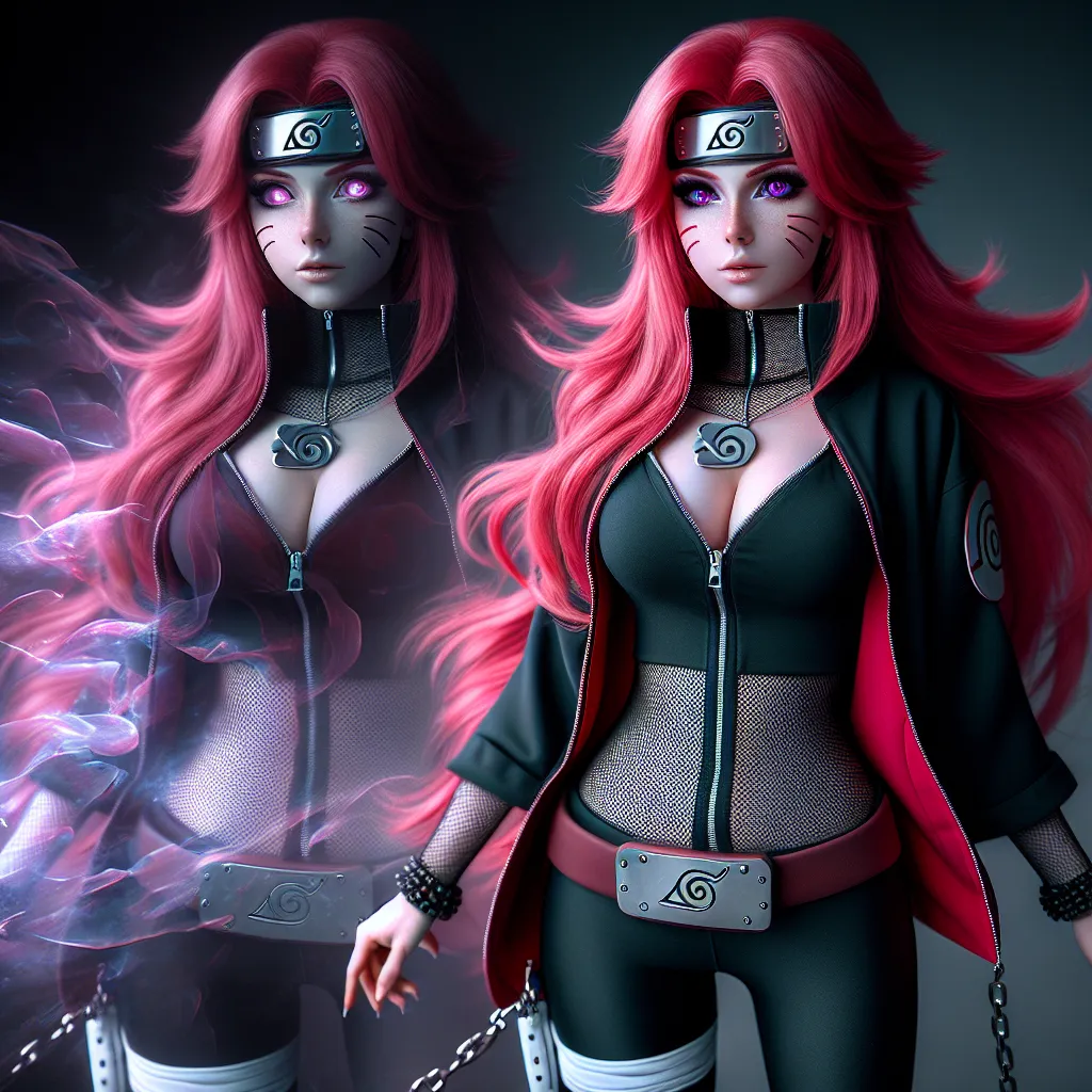 Description: An image of a transformed Naruto Uzumaki stands with long red hair, violet eyes, and a feminine appearance. She wears a fitted black jacket and leggings, exuding confidence and power. Chakra chains emanate from her, symbolizing her Uzumaki heritage and kunoichi identity. In the reflection, her mother's ghostly image appears, highlighting their striking physical resemblance.