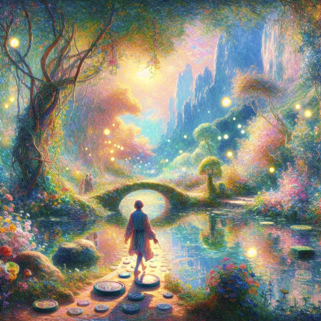 Transformation, Sandals, Story, Magical, Adventure in the style of Monet