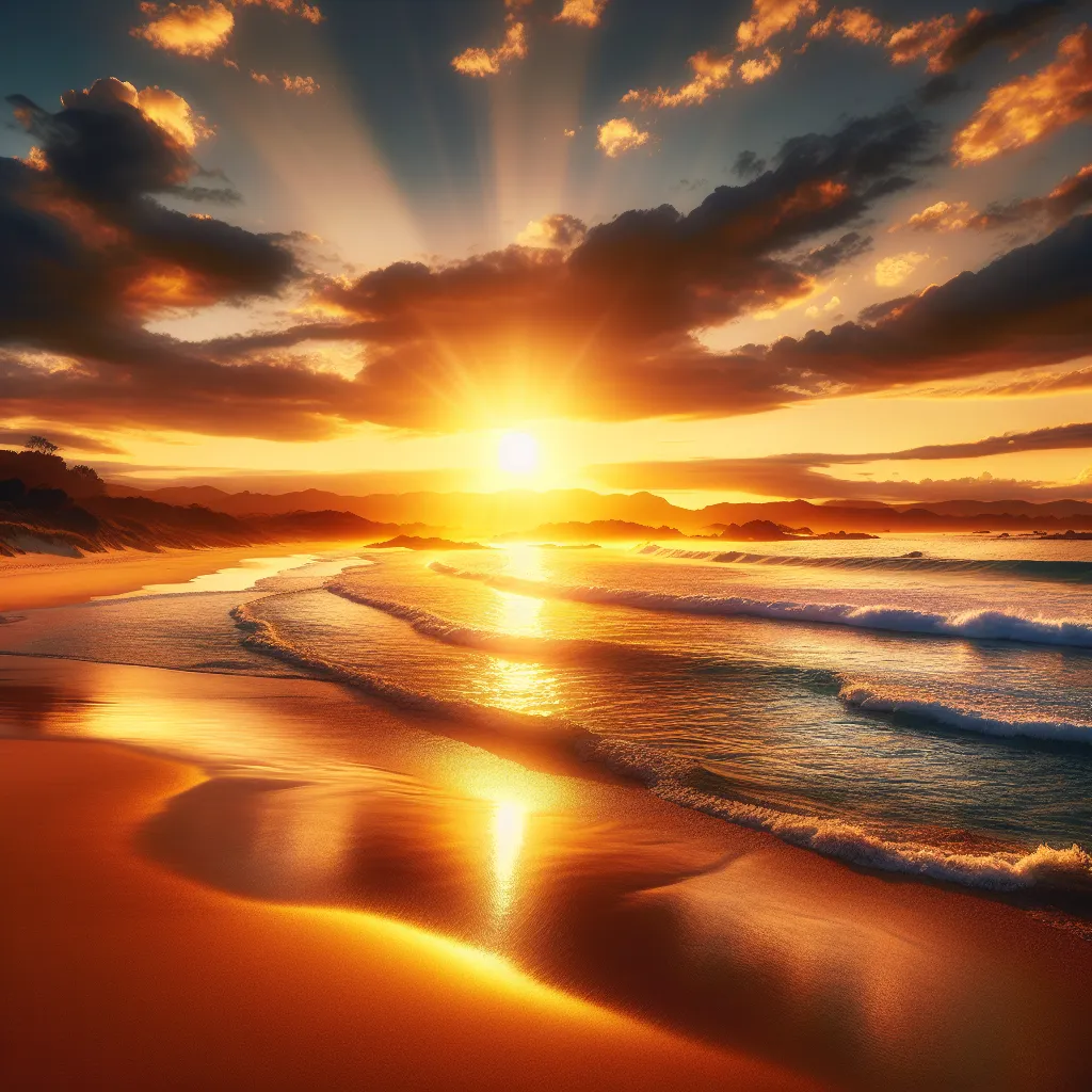 A picturesque sunset over a tranquil beach, with the golden rays of the sun reflecting off the gently rolling waves.