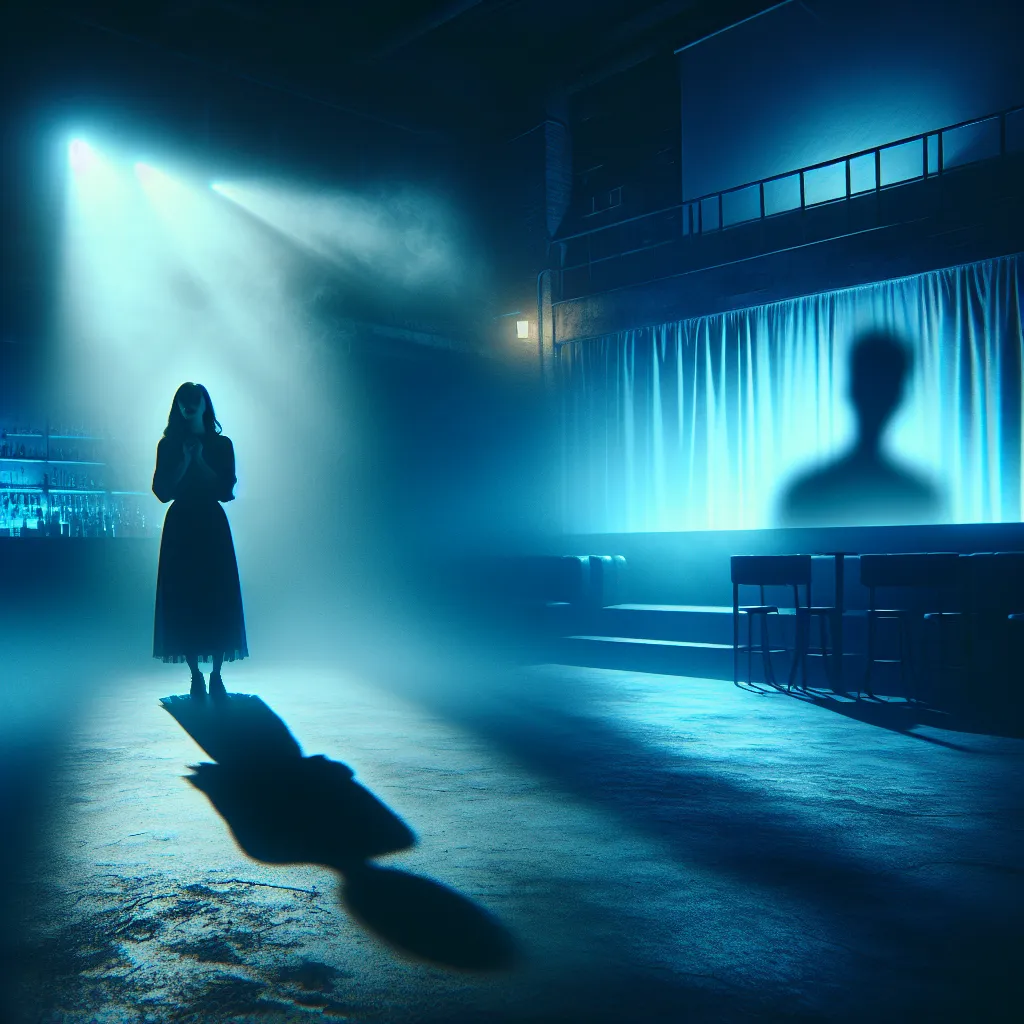 An eerie, suspenseful image of a woman alone in a dimly lit, empty nightclub, haunted by memories of a vanished loved one. The blue neon lights cast long shadows, reflecting the unsettling atmosphere of the story "Echoes of the Neon Shadows."