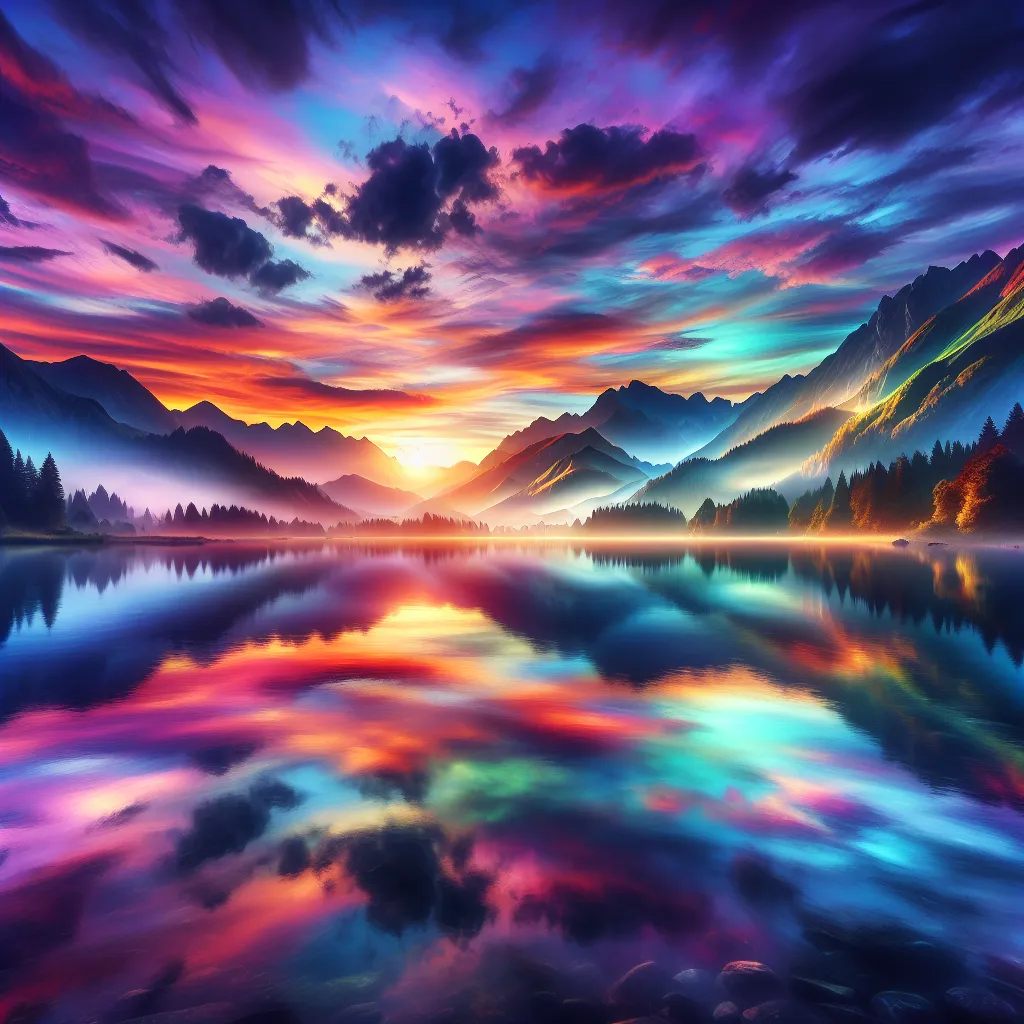 A beautiful sunset over a serene mountain lake, with colorful clouds reflecting in the water.