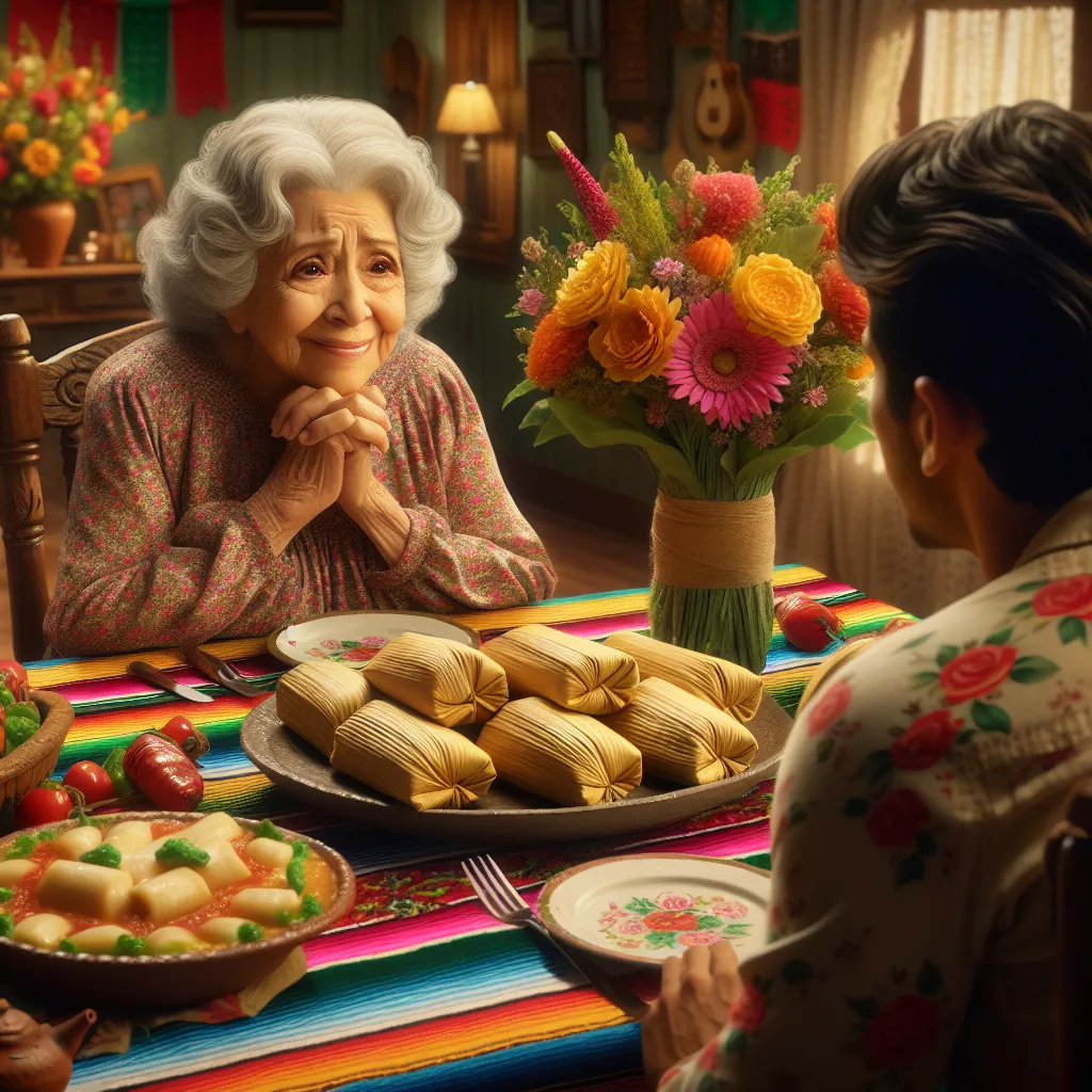 The image description for this story could be: "A warm, heartwarming scene of Maria, a Mexican woman in her late 60s, sitting at a beautifully set table with homemade tamales. She is eagerly waiting for Pete, a younger man with a bouquet of flowers, to join her for dinner. The table is adorned with colorful traditional Mexican decor and there is a sense of anticipation and joy in the air."