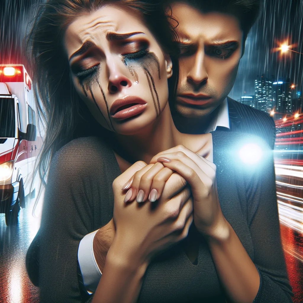 A moving image depicting a woman, mascara running down her tear-streaked face, holding her husband's hand tightly as they are rushed to the ambulance together, city lights blurred by her tears in the background.