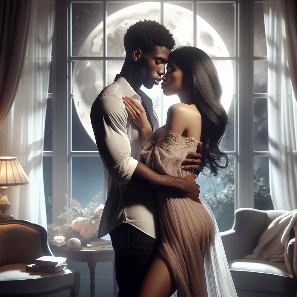 A romantic, intimate moment between two people in a moonlit room, captured in a tender embrace filled with longing and affection.