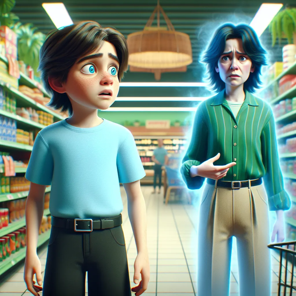 An image of a ten-year-old boy with bright blue eyes and brown hair, standing nervously in a grocery store aisle wearing a sky-blue tank top and black shorts, as he encounters a woman experiencing an anxiety episode and a mysterious body-swap incident.