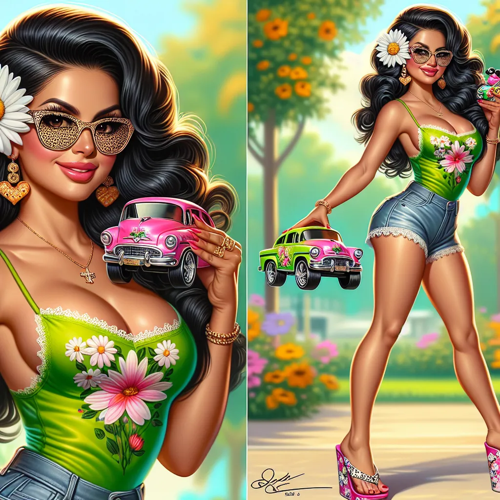 The generated image will show a Hispanic woman in her 40s, wearing a lime green tank top with floral patterns and denim shorts. She will be standing outside, wearing pink flip flops with white daisies, and holding a shiny toy car in her hand. She will have long, dark hair styled in a bun, and will be wearing sunglasses with a leopard print design. The image will showcase the woman's vibrant personality and her Mexican heritage.