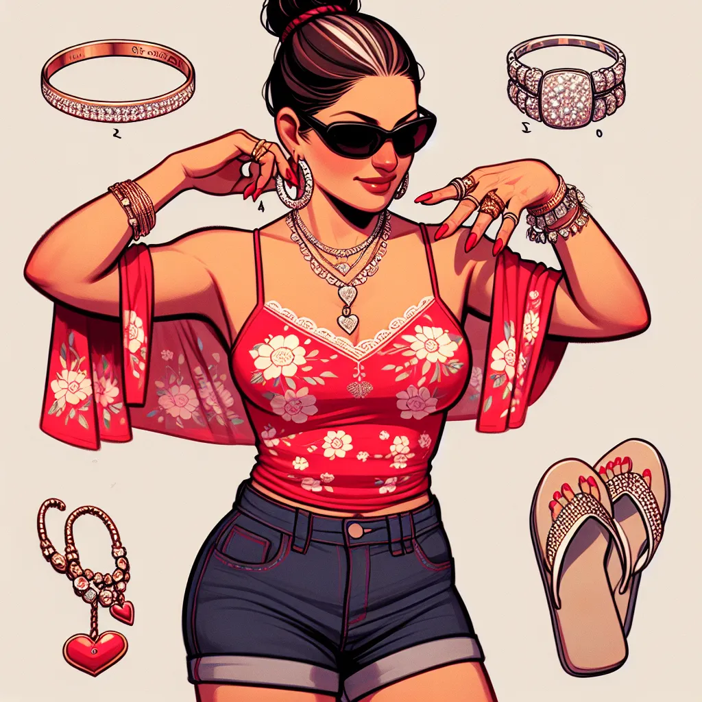 This image will depict Isabella, a middle-aged woman of Mexican heritage, wearing a bright red tank top with floral patterns and dark blue denim shorts. She is also wearing white flip flops adorned with sparkling rhinestones and large black sunglasses. Isabella is seen putting on her jewelry, including gold hoop earrings, a wedding ring, a silver charm bracelet, a necklace with a heart pendant, a diamond-studded watch, and a gold anklet. Her nails are painted bright red, and her hair is styled i