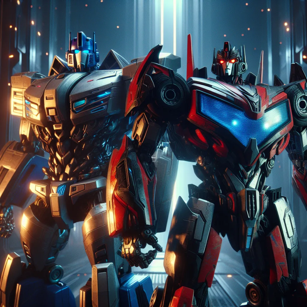 Two towering cybertron warriors, Dynamo and Torpedo Blast, stand side by side in a dimly lit hallway. Their armored bodies glisten in the light, each reflecting their unique color schemes and designs. Dynamo, with his elongated metallic frame and blue optics, exudes a sense of strength and purpose. Beside him, Torpedo Blast, a formidable figure with jagged red and black armor, emanates a playful and mischievous energy. With their transformation complete, they prepare to embark on a new mission, 