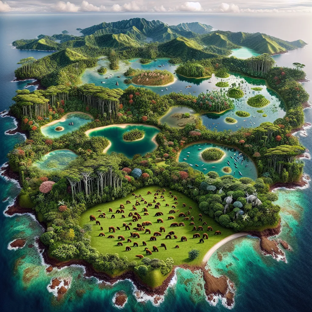 "Aerial view of a man-made island in the Pacific Ocean, showcasing a seamless blend of tropical and temperate environments. Towering trees, lush vegetation, and Bornean orangutans dominate the dense, tropical section, while rolling hills, grassy meadows, and grazing Tibetan yaks define the temperate region. Pristine lakes with otters and freshwater fish, as well as colorful coral reefs surrounding the island's shores, create a harmonious balance of land and sea. The island stands as a testament 