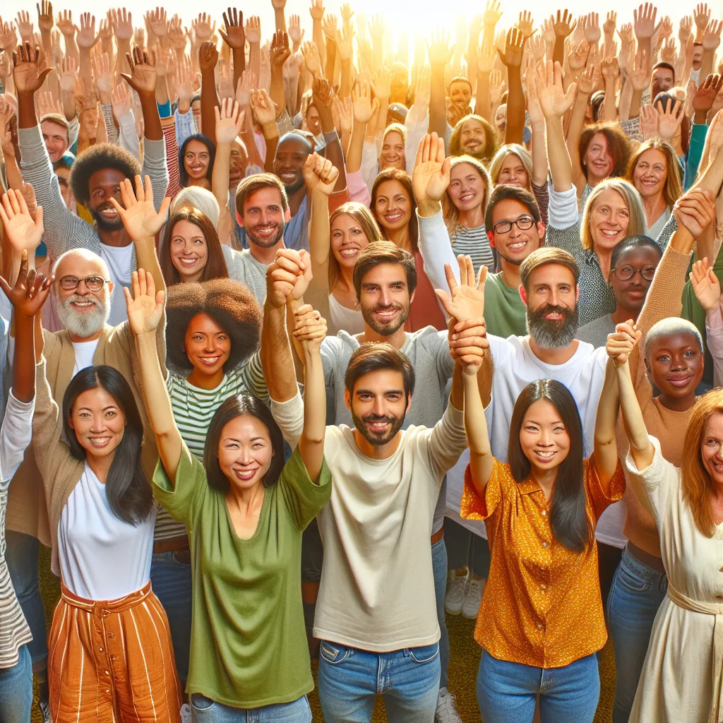 A diverse group of people standing together with their hands raised in unity.