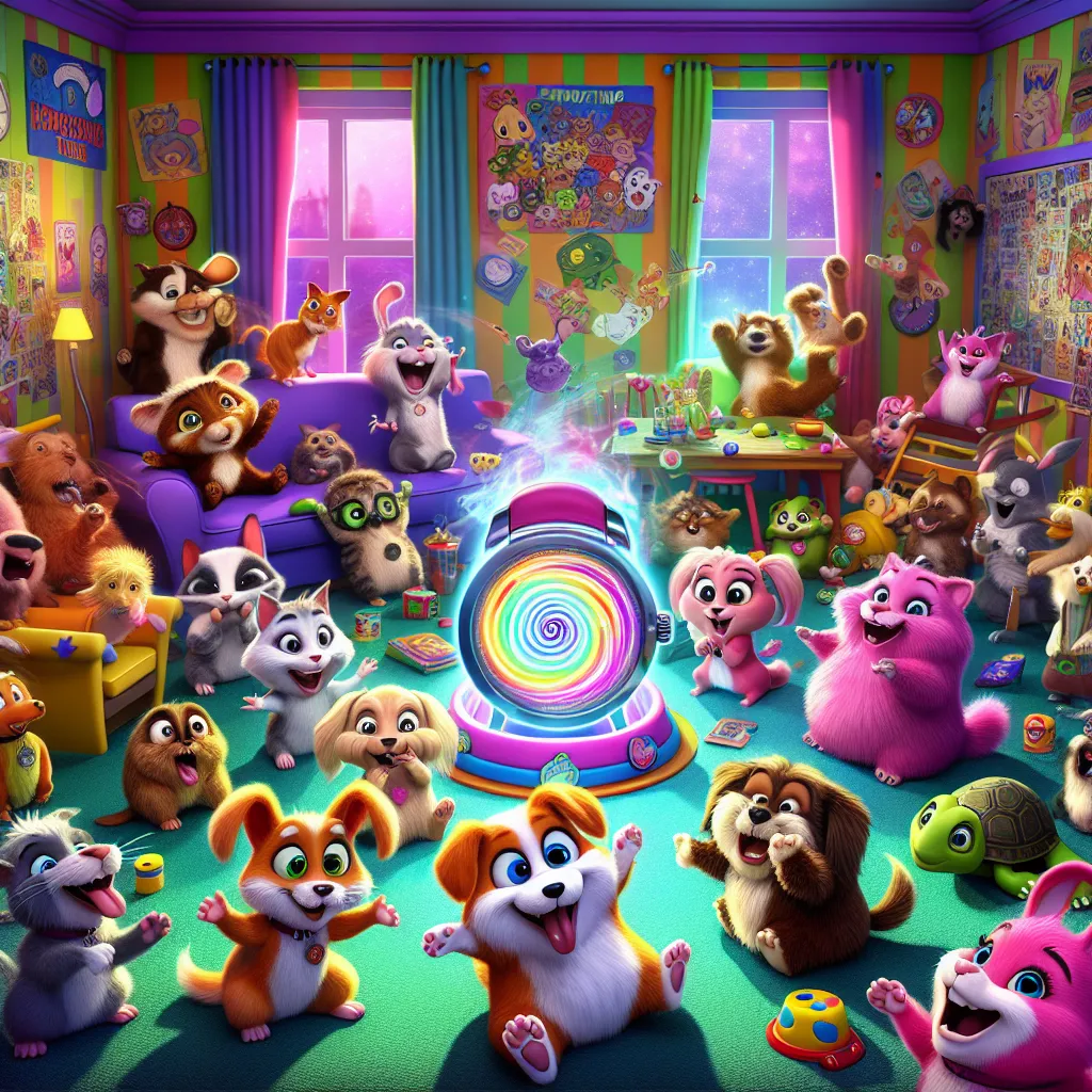 An image of a group of animated pets in a clubhouse setting, engaging in playful antics and pranks involving a hypnotizing watch. Characters include a pink hamster, a dog, a cat, and other diverse pets. The scene captures the chaos and fun of the pets swapping personalities and roles under the watch's influence, culminating in a moment of laughter and camaraderie.
