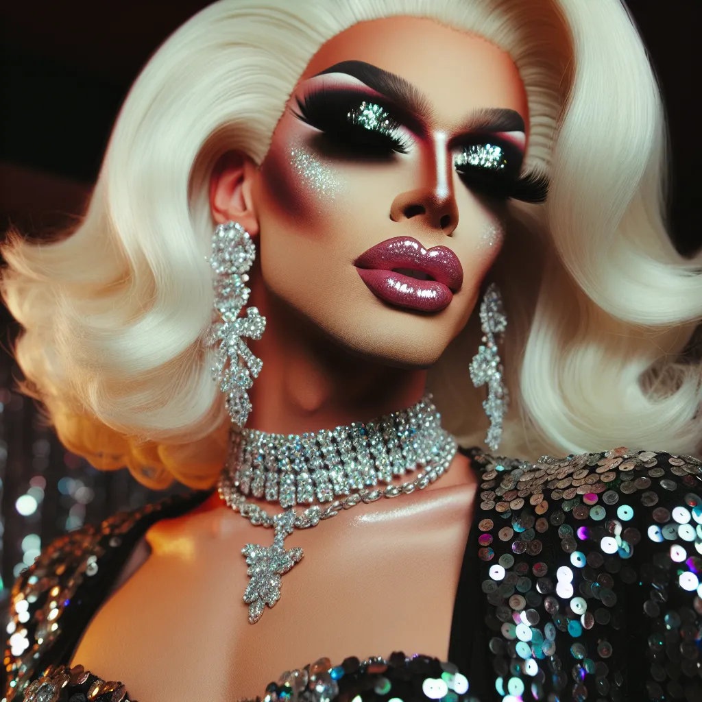 A vibrant drag queen named Vanessa, wearing a sequined mini dress, stands tall and confident as she gets ready to go to the club. Her platinum blonde hair, sparkling makeup, and elaborately accessorized outfit catch the light.