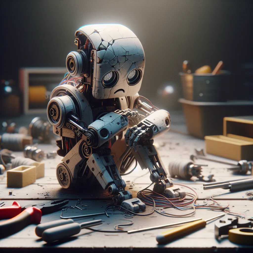 A broken robot with a sad expression on its face, symbolizing a failed task.
