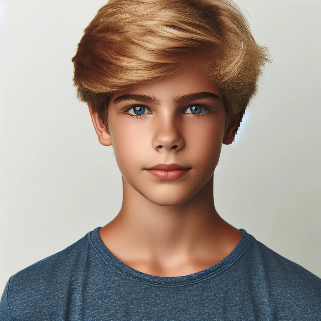 A photo of a young boy named Timothy, with bright sandy blond hair and deep blue eyes. He is white and stands at 3 feet 5 inches tall, weighing 40 pounds.