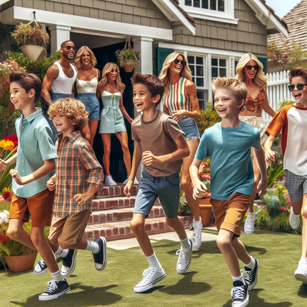 Six 10-year-old boys explore a suburban home on a summer day, including Tyler, Hunter, Daniel, Michael, Cody, and Chris, along with their stylish moms.