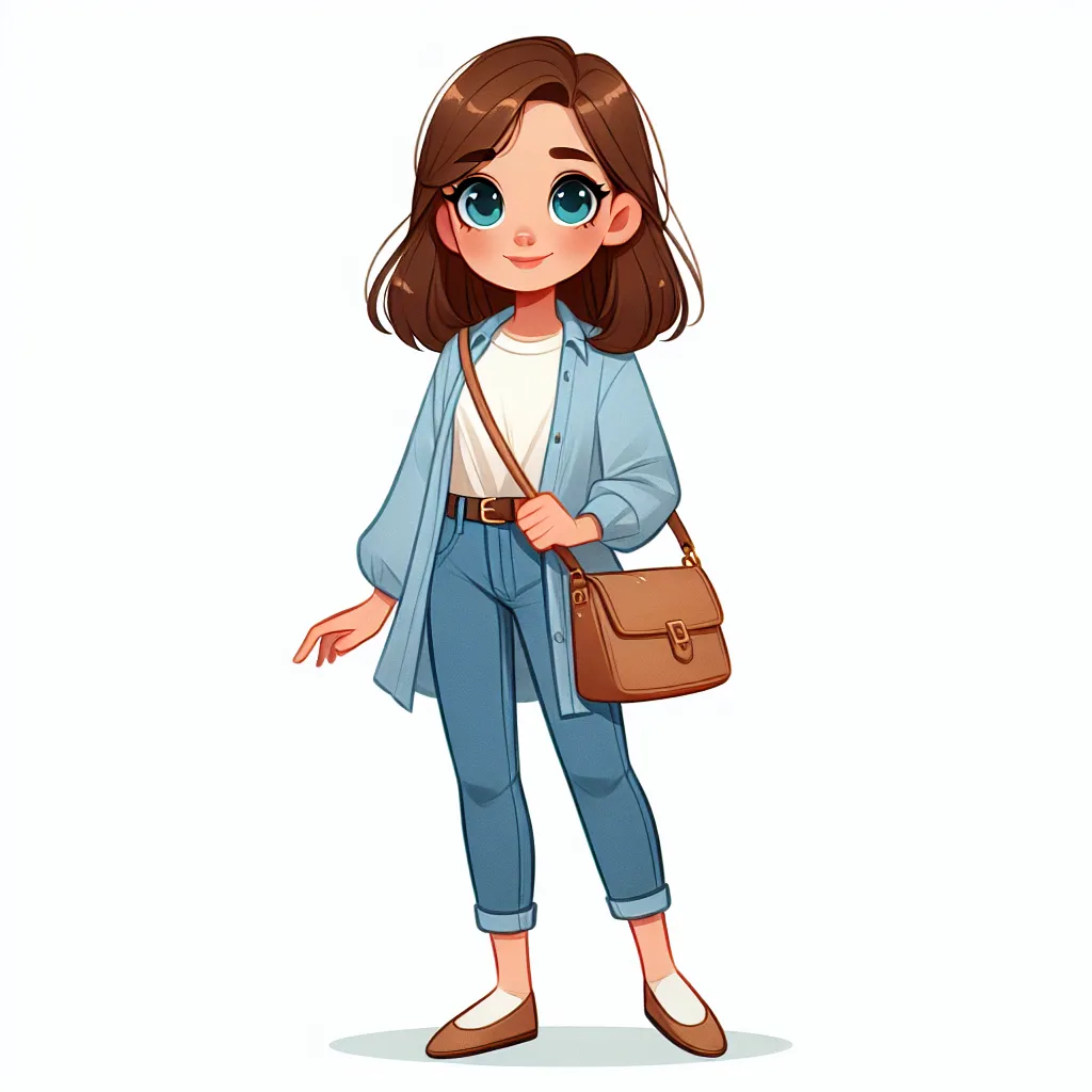 A young girl named Olivia Johnson stands confidently in a feminine outfit, wearing high-heeled shoes and carrying a purse. She has chestnut brown hair, a fair complexion, and striking blue eyes. Excitement radiates from her as she embraces her newfound identity as a woman.