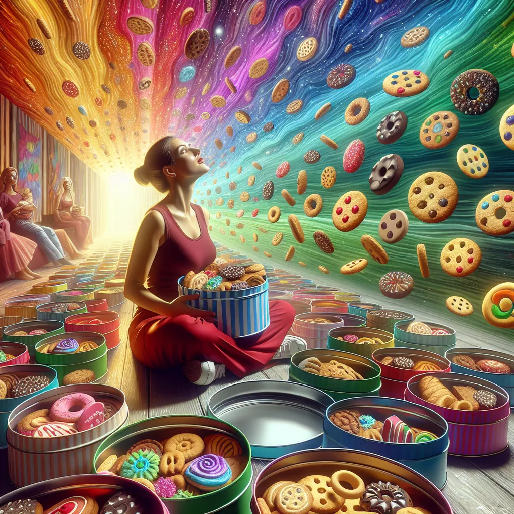 Frankie Foster, surrounded by an endless supply of magical cookies, becomes consumed by their allure, leading to a detrimental obsession. With the help of her friends and family, she rediscovers balance and the joy in everyday magic, returning to her vibrant and energetic self. This image may depict Frankie surrounded by cookie tins, showing the contrast between her initial delight and later struggle, with her loved ones offering support and guidance.