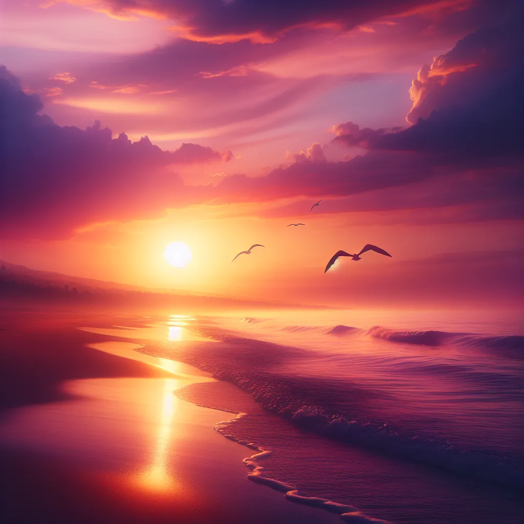 A dreamy sunset over a tranquil beach, with soft waves gently rolling in and birds soaring in the sky.