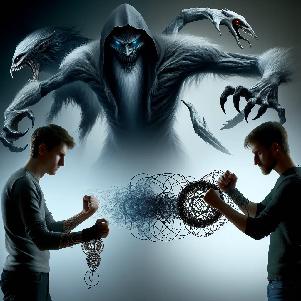 An image showing Angel and Gwen, standing back-to-back, prepared for battle against Ghostfreak. The dark, shadowy figure of Ghostfreak looms in the background, with Angel transforming into different alien forms and Gwen casting protective spells. The image portrays their determination and unity in the face of danger.