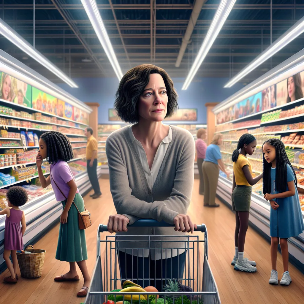 A young boy named Lucas Tyler Mitchell undergoes a mysterious transformation at a grocery store, becoming a mother of three named Cheryl. As he navigates his new life, Lucas—now Cheryl—learns to cherish his daughters and embrace his role with love and wisdom, all while carrying the secret of his former self. The image shows Cheryl reflecting on her past as Lucas, surrounded by the bustling aisles of the Greenfield Shopping Mart.