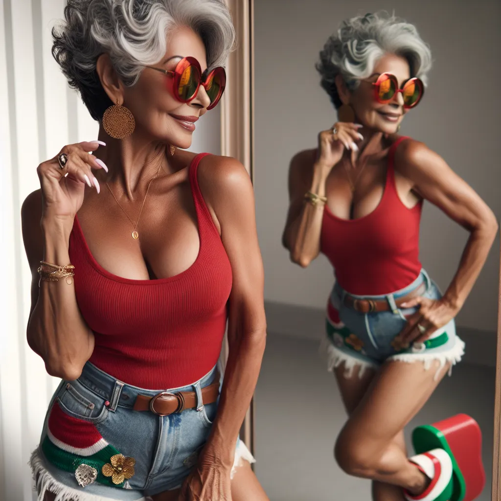 A Hispanic woman in her late 50s wearing a red tank top, denim shorts, and green, red, and white flip flops stands in front of a mirror. She has short, curly grey hair, large round sunglasses, and is adorned with gold jewelry. She looks confident and content as she admires her appearance.