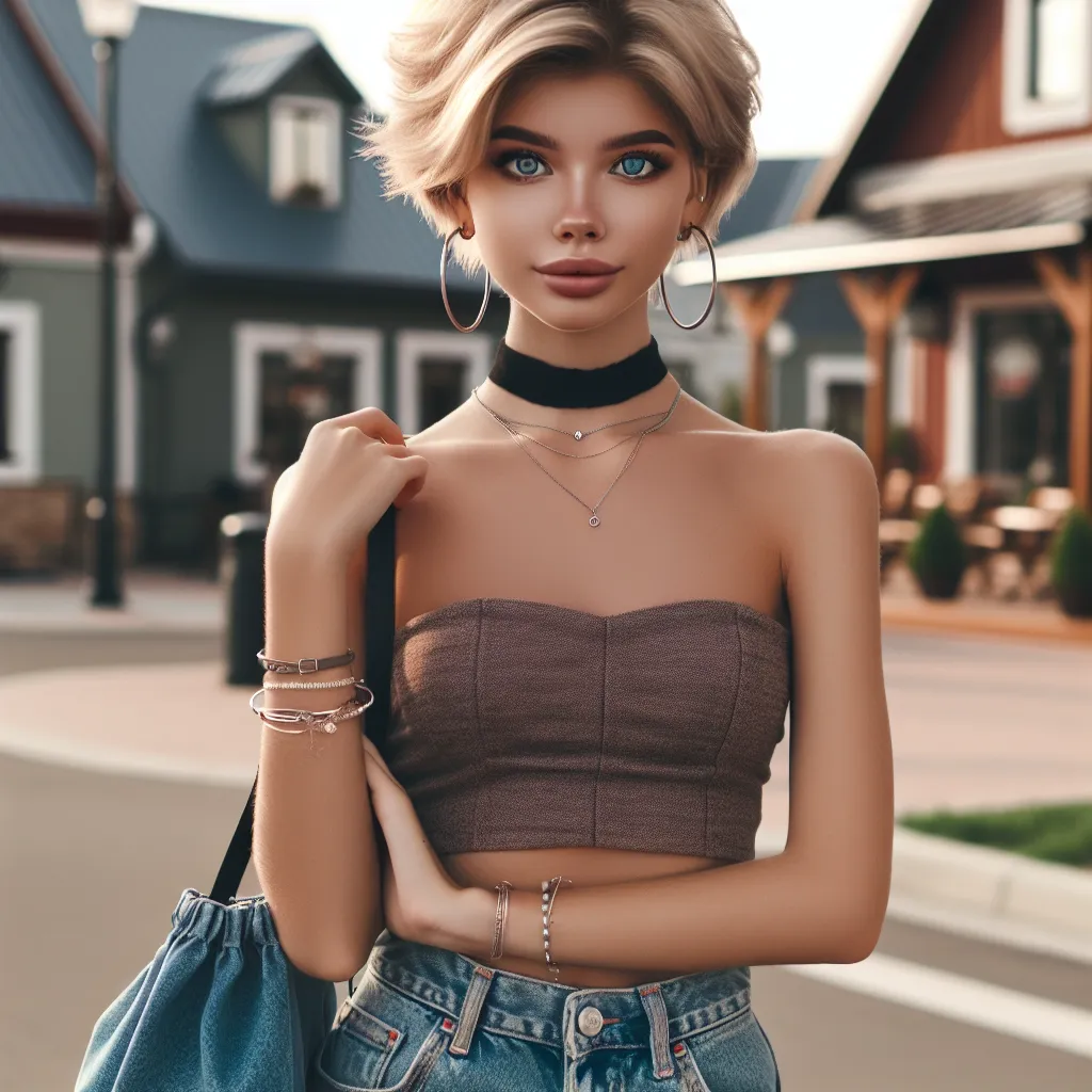 An image of a young girl with short, sandy blond hair, striking blue eyes, and a slim, feminine physique stands in a stylish outfit, wearing a form-fitting crop top and high-waisted skinny jeans. She is accessorized with hoop earrings, a choker necklace, and bracelets, while holding a chic bag over her shoulder. The background sets a warm and inviting suburban town atmosphere.