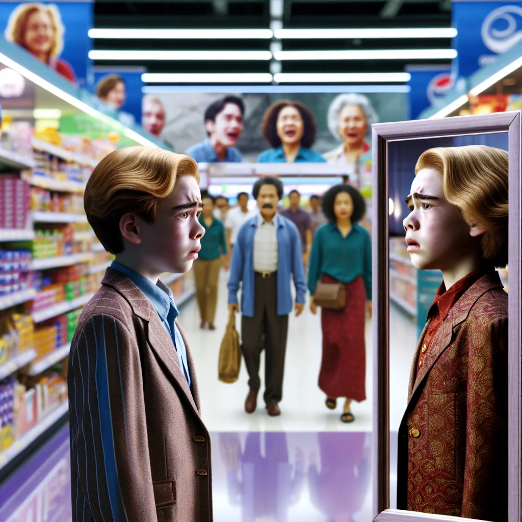 A detailed story about a young boy named Jacob who inexplicably swaps bodies with a woman named Galina while shopping at a bustling supermarket. The image will capture the moment of realization as Jacob, now in Galina's elegant attire, sees his own reflection in a mirror, despair and confusion etched on his new face.