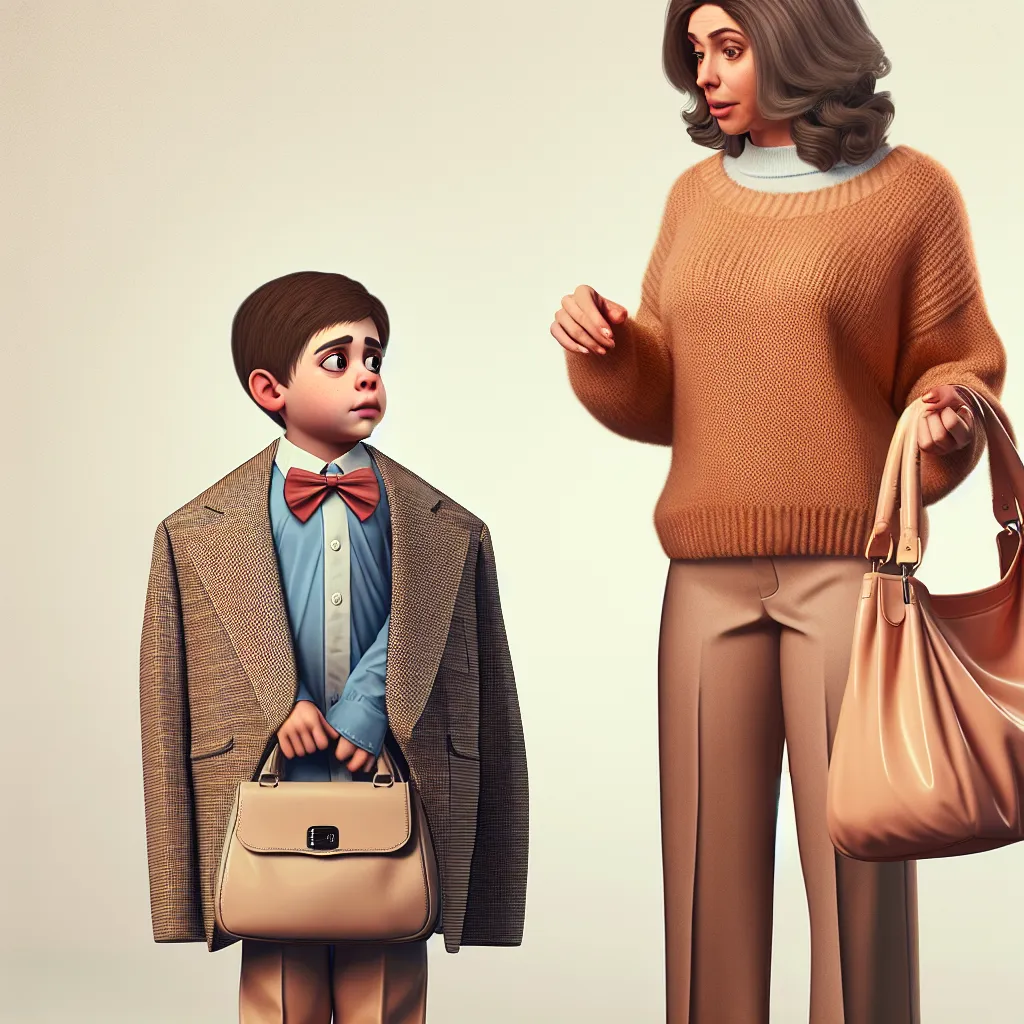 A young boy named Timmy finds himself mysteriously transformed into his friend's mother, Sharon, and must navigate a world unfamiliar to him. With his mother's help, Timmy tries to figure out how to revert back to his own body. This image could possibly depict Timmy in Sharon's outfit, holding the purse and looking bewildered, setting the scene for the story's theme of transformation and the unknown.