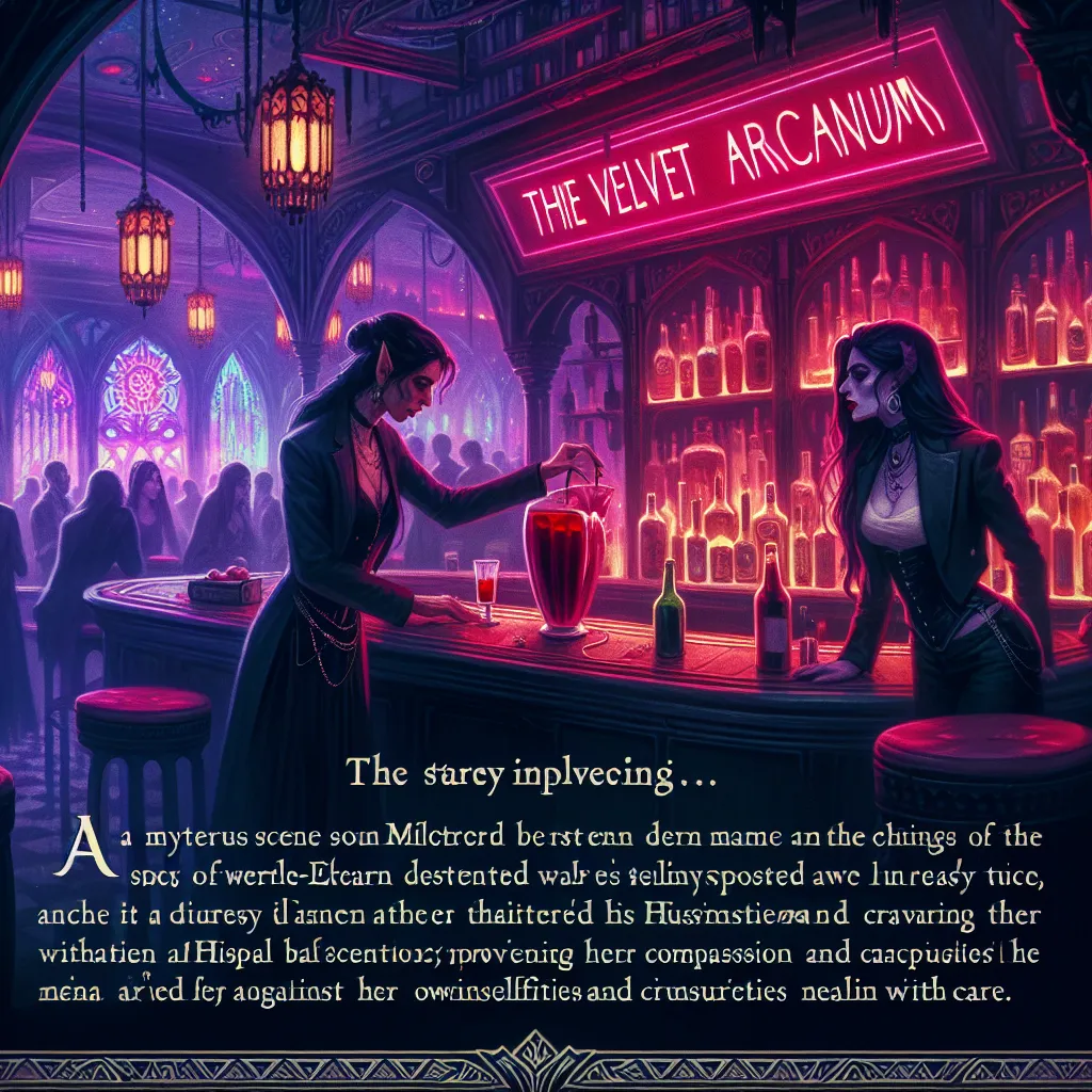 A mysterious scene set in a bustling nightclub called the Velvet Arcanum, where creatures of all kinds gather under a fragile truce. Bartender Stella Zane encounters a new and desperate vampire named Ana, offering her kindness and a safe haven from temptation. As secrets and shadows swirl, a darker mystery begins to unfold.