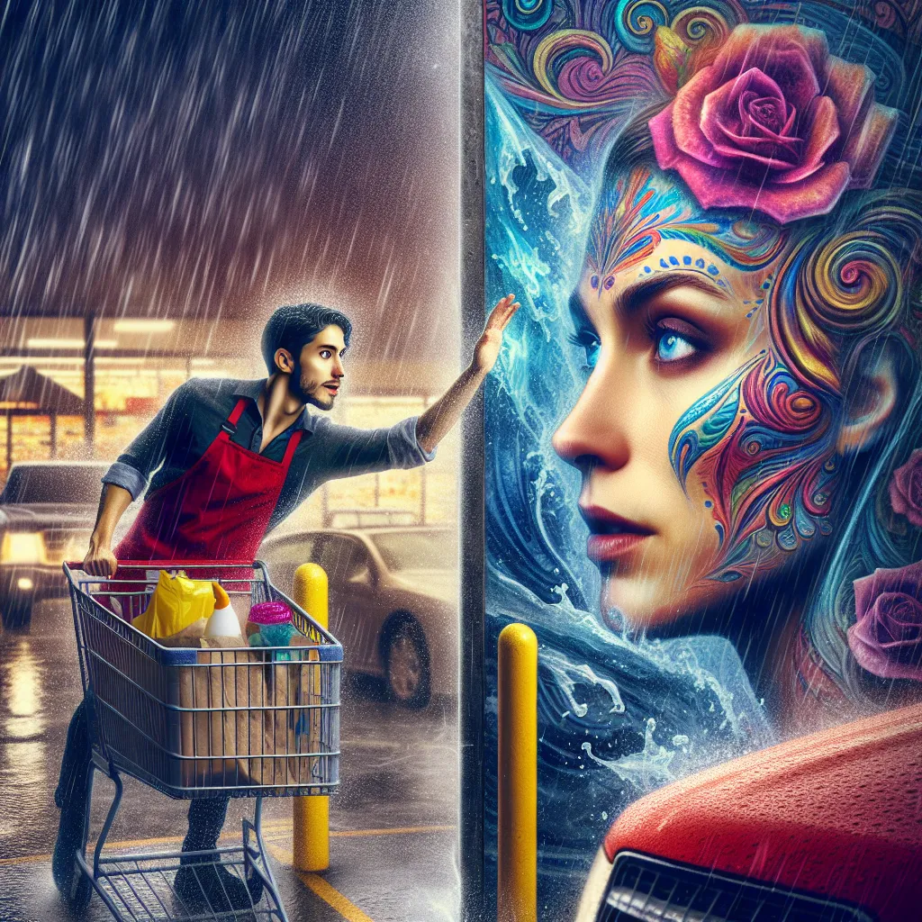 A colorful and cinematic depiction of a young grocery store worker, Jacob, encountering a mysterious customer, Kylie, on a rainy day at his curbside pickup station. The scene captures a magical moment as Jacob and Kylie unintentionally swap bodies, leading to a transformative experience for Jacob, now inhabiting Kylie's body. The image shows the two characters in an unexpected exchange, highlighting the contrast between their appearances and expressions as the rain falls around them.