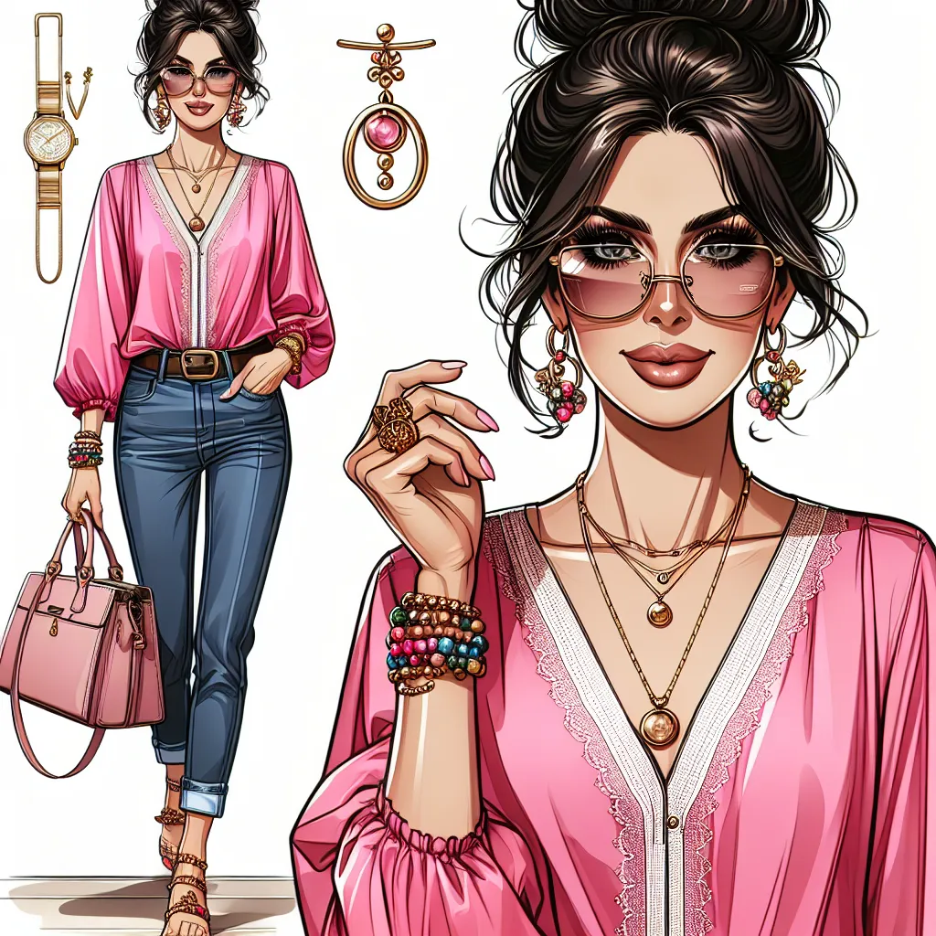 The image accompanying this story is a digitally-generated illustration depicting a middle-aged woman with dark hair styled in a bun, wearing a bright pink tank top with white lace trim and dark blue denim shorts. She is wearing feminine flip-flops adorned with small, colorful beads and large sunglasses with gold rims. She is also seen wearing several pieces of gold jewelry, including hoop earrings, a bracelet, a necklace, a wristwatch, a wedding ring, and a small ring on her right pinky finger.