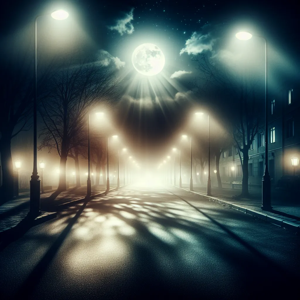 A mysterious, empty street at night, illuminated by the glow of streetlights and the moon, evoking a sense of intrigue and loneliness.