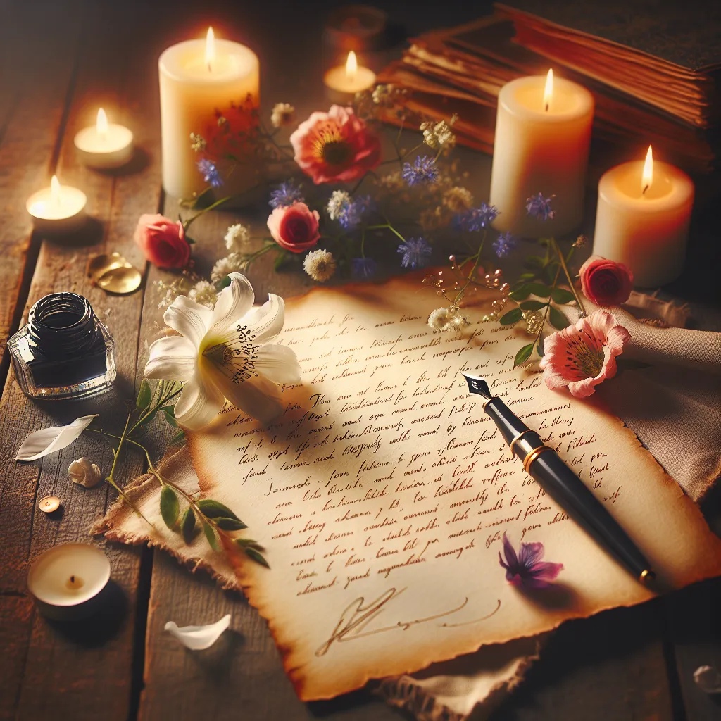 An emotional, heartfelt letter of apology and gratitude is eloquently presented in poetic-prose format. The image will capture the sentiment of remorse, gratitude, and eternal love conveyed within the words.