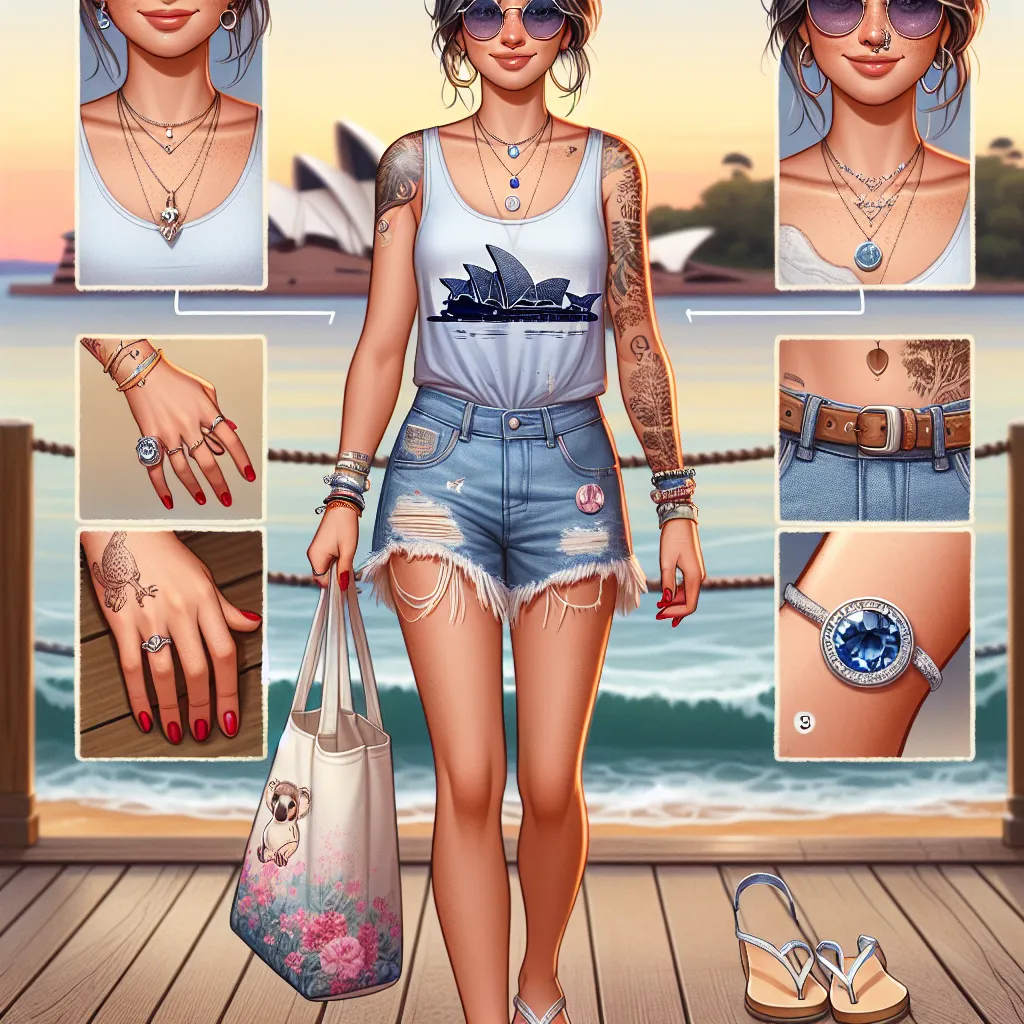 This image description should include a woman named Anne, who is depicted as a 36-year-old Australian woman. She is wearing sunglasses, a light blue tank top with a printed design of the Sydney Opera House, denim cut-off shorts, white flip-flops with silver straps, and a colorful tote bag with a koala on it. She has seven pieces of jewelry, including a wedding ring, a gold chain necklace, a charm bracelet, silver hoop earrings, a sapphire ring, a pearl anklet, and a diamond stud nose ring. Anne'