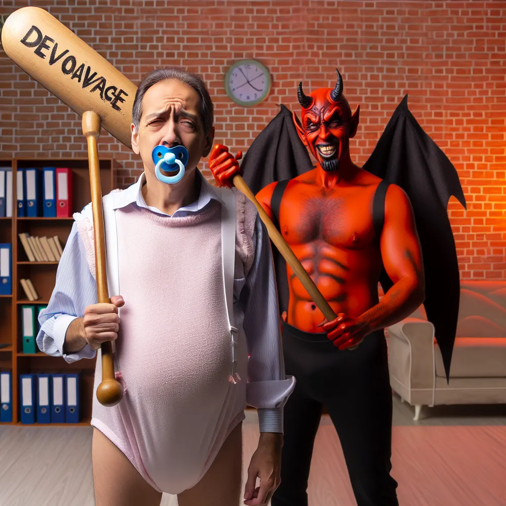 An image to accompany this story could depict Principal Skinner dressed in an oversized diaper and bonnet, holding a large pacifier in his mouth while Lucifer Morningstar, Lord of Hell, stands behind him with a devilish smirk, holding an enormous wooden paddle that says "Devil's Advocate" on it. The principal's living room can be seen in the background, with neatly arranged files scattered about, and there could be a subtle hint of brimstone in the air.