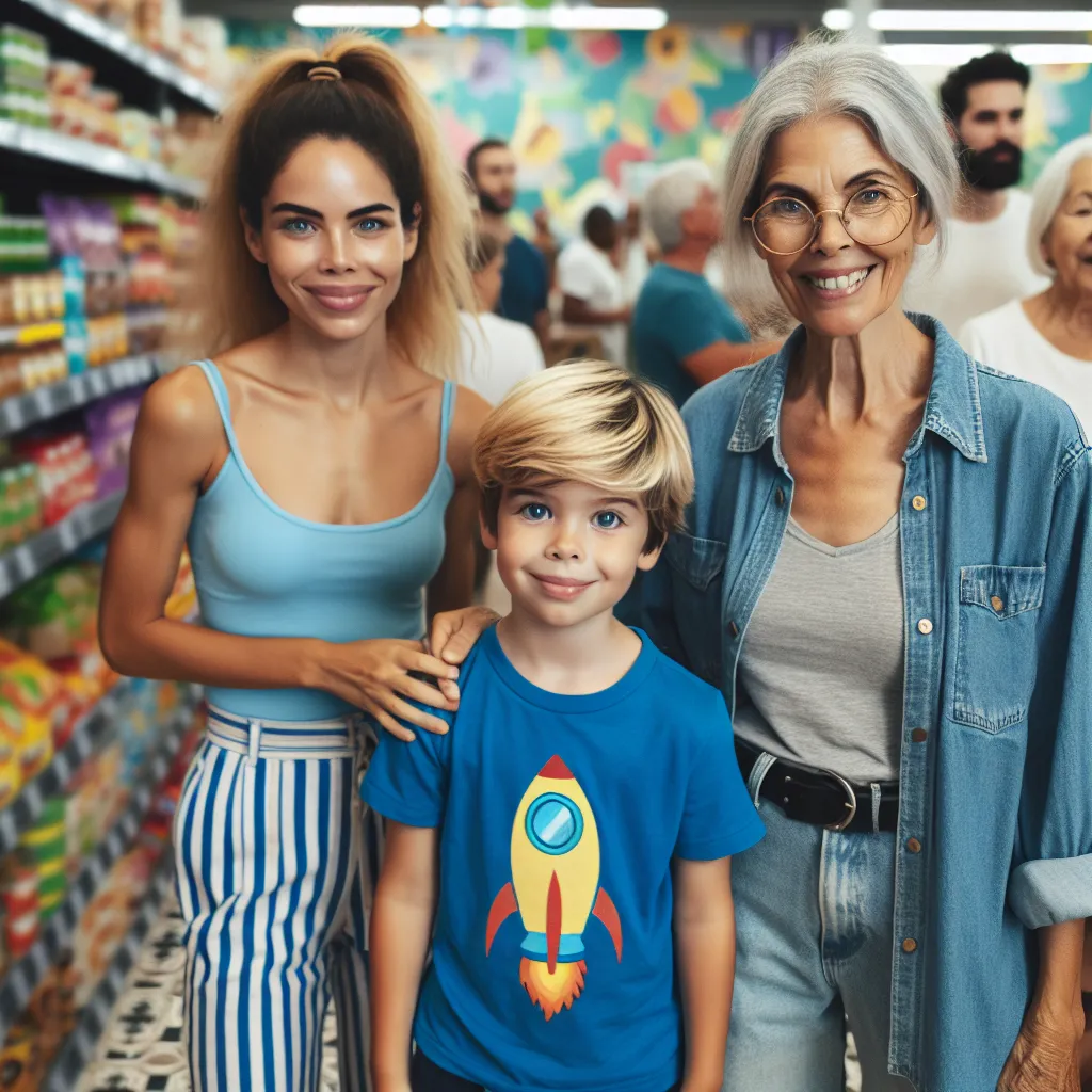 Image of a young boy standing next to his mother and grandmother at a bustling grocery store, conveying a mix of nervousness and curiosity. The boy has sandy blonde hair and blue eyes, wearing a bright blue T-shirt with a cartoon rocket, navy shorts, and mismatched sneakers. His mother is an athletic woman with chestnut brown hair in a ponytail, hazel eyes, and a denim jacket. The grandmother, with silvery blond hair and thin-rimmed glasses, is smiling warmly. Other diverse shoppers and shelves 