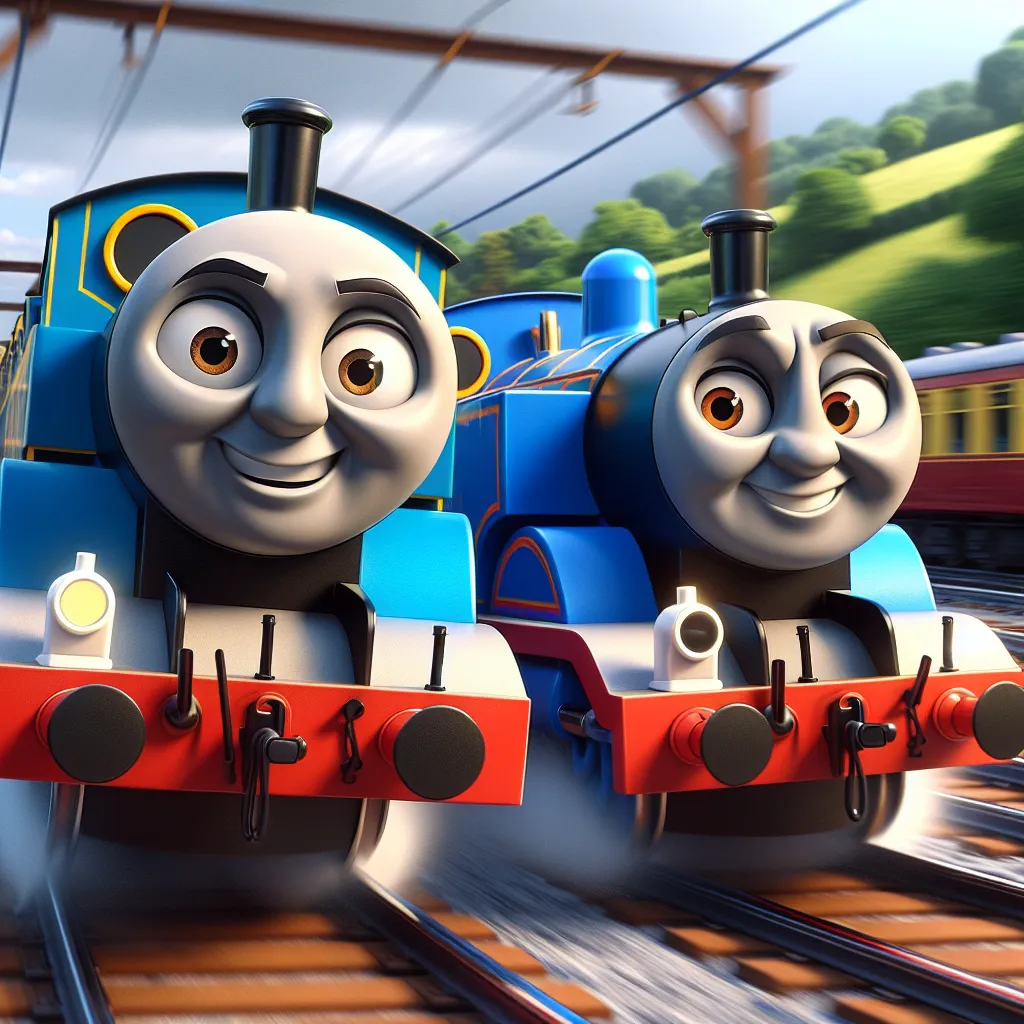 This image will feature two animated train engines, Daniel and Denzel, in a close-up shot as they sing passionately. They are captured in dynamic motion, racing side-by-side on a track, with determination and excitement evident on their faces. The background shows a vibrant railway landscape with tracks stretching into the distance and a few other animated trains in the background. The image conveys the bond between the two brothers and their shared love for racing on the tracks.