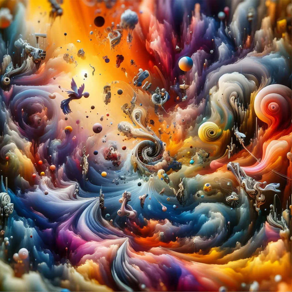Abstract image representing creativity and imagination. Vibrant colors blend and intertwine, forming a surreal landscape of floating objects, fantastical creatures, and swirling shapes. Light and shadow play, adding depth and mystery to the scene. The image evokes a sense of wonder and invites the viewer to explore the limitless possibilities of the imagination.